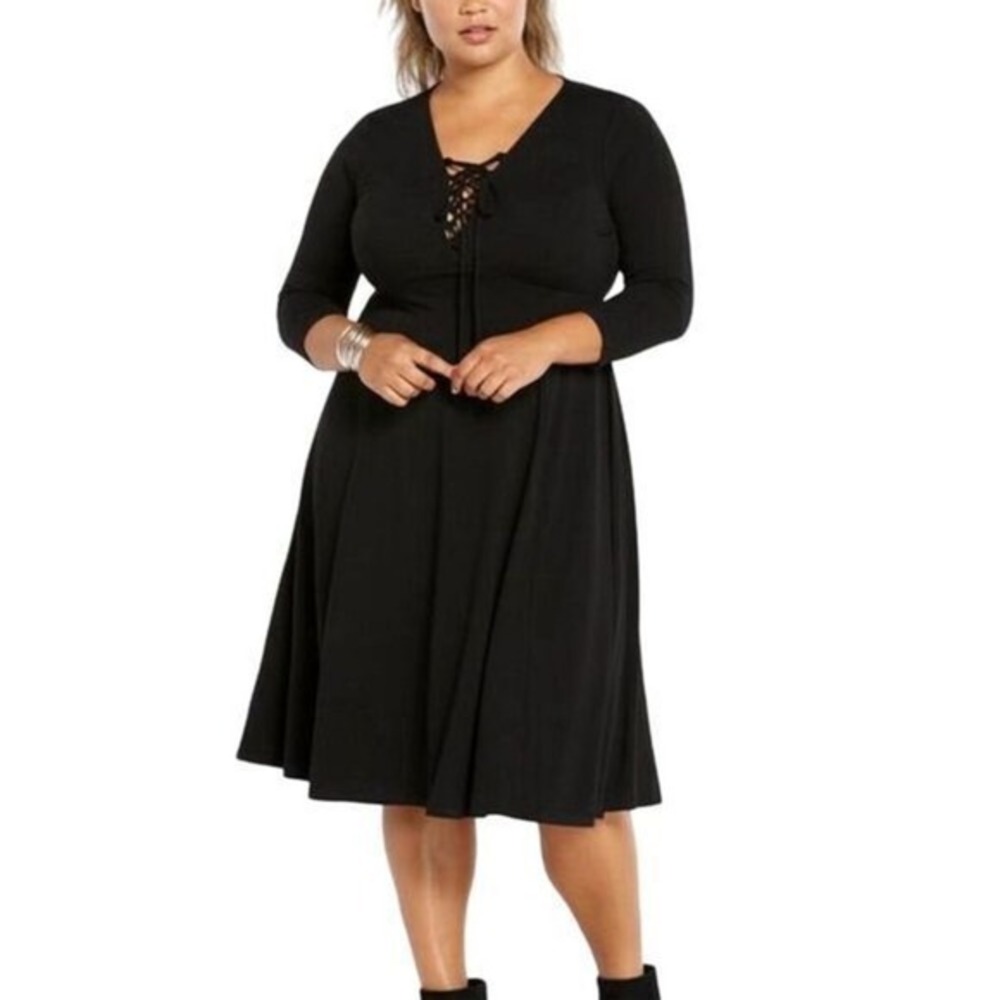 Torrid Black Midi Jersey‎ Tie-Front 3X Plus Size Knee Length 3/4 Sleeve V-Neck